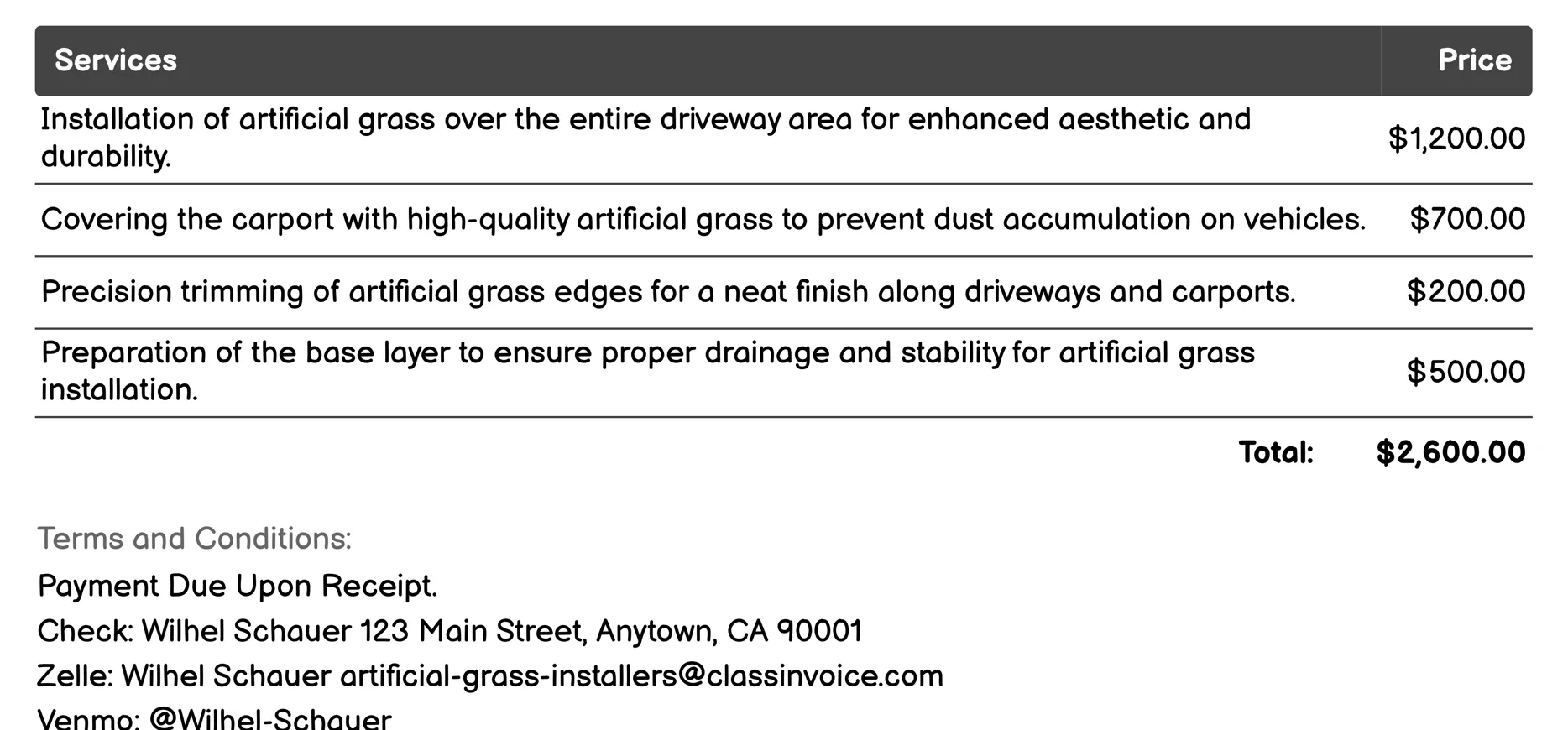 Driveway and Carport Installation Invoice Example