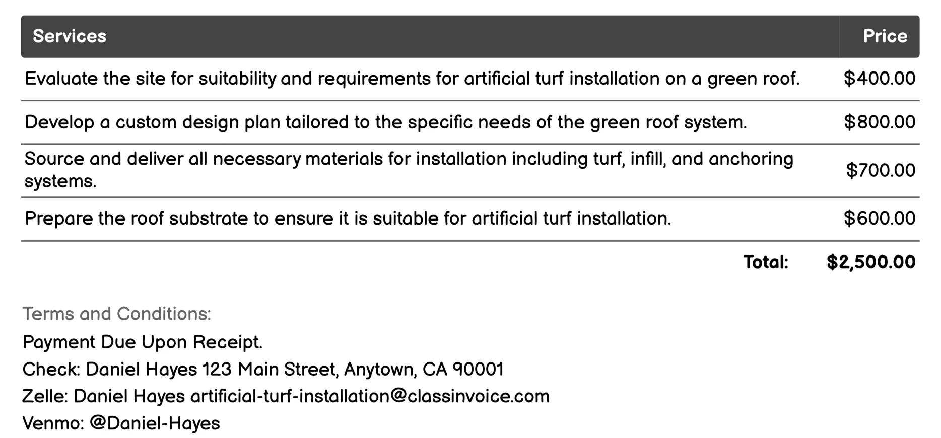Green Roof Systems Invoice Example