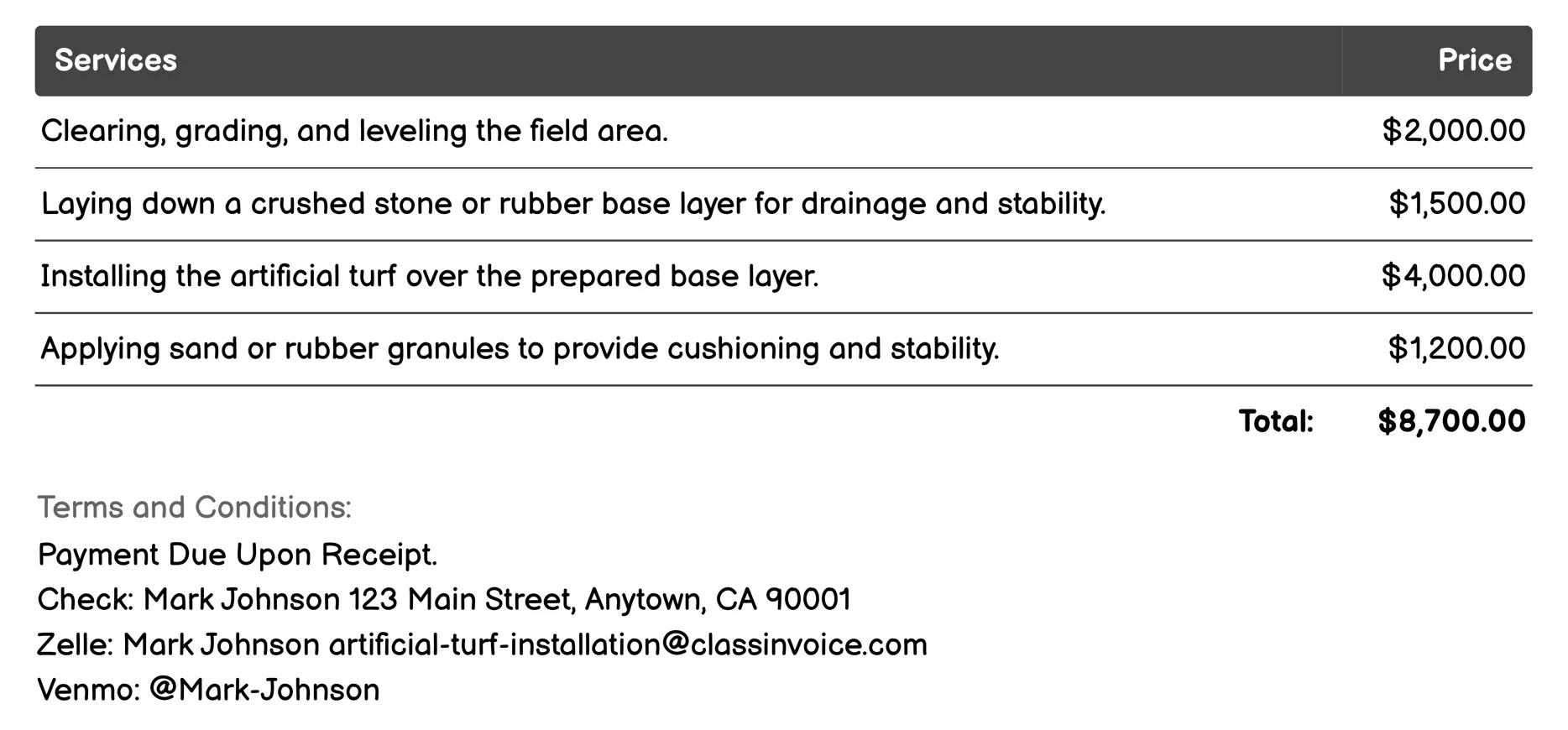 Sports Field Turfing Invoice Example