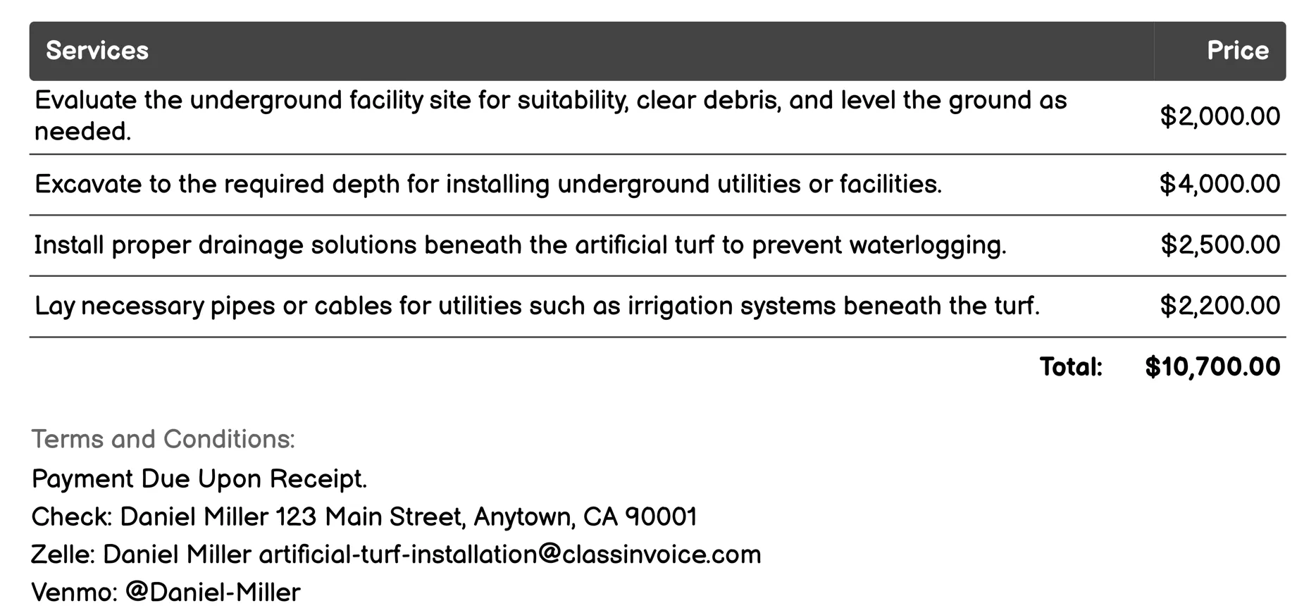 Underground Facility Installation Invoice Example