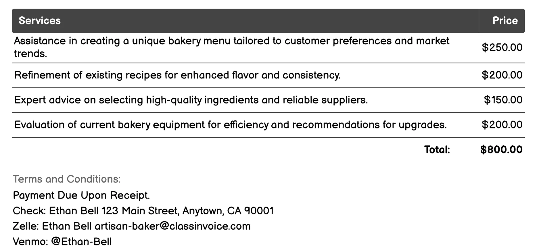 Bakery Consultation Services Invoice Example