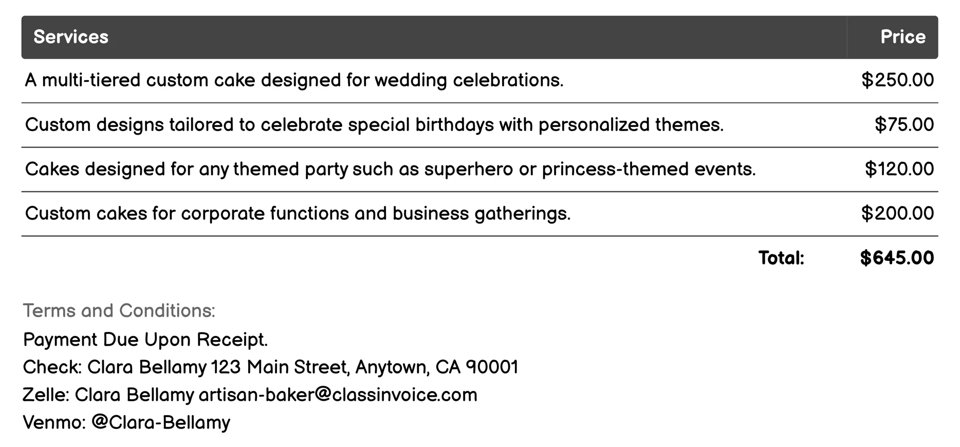 Custom Cake Design Invoice Example