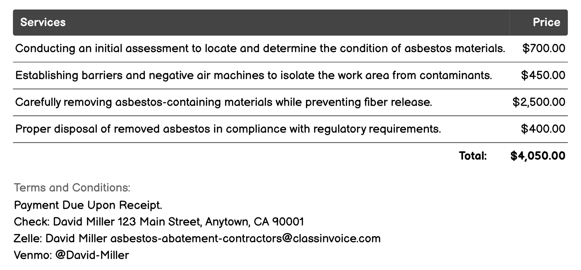 Asbestos Removal Invoice Example