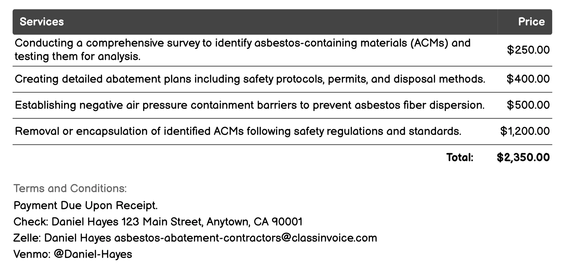 Repair and Enclosure Invoice Example