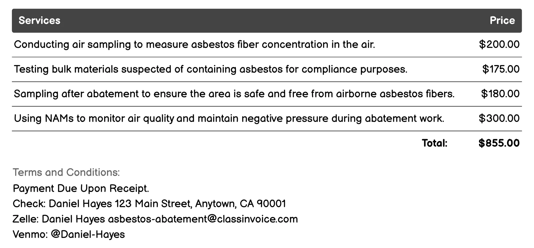Air Monitoring and Testing Invoice Example