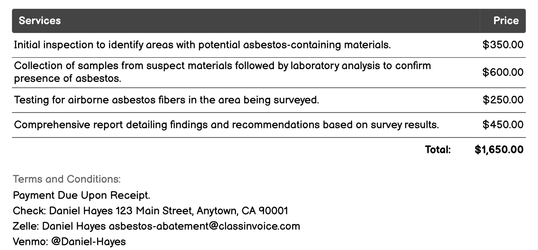 Asbestos Survey Invoice Example