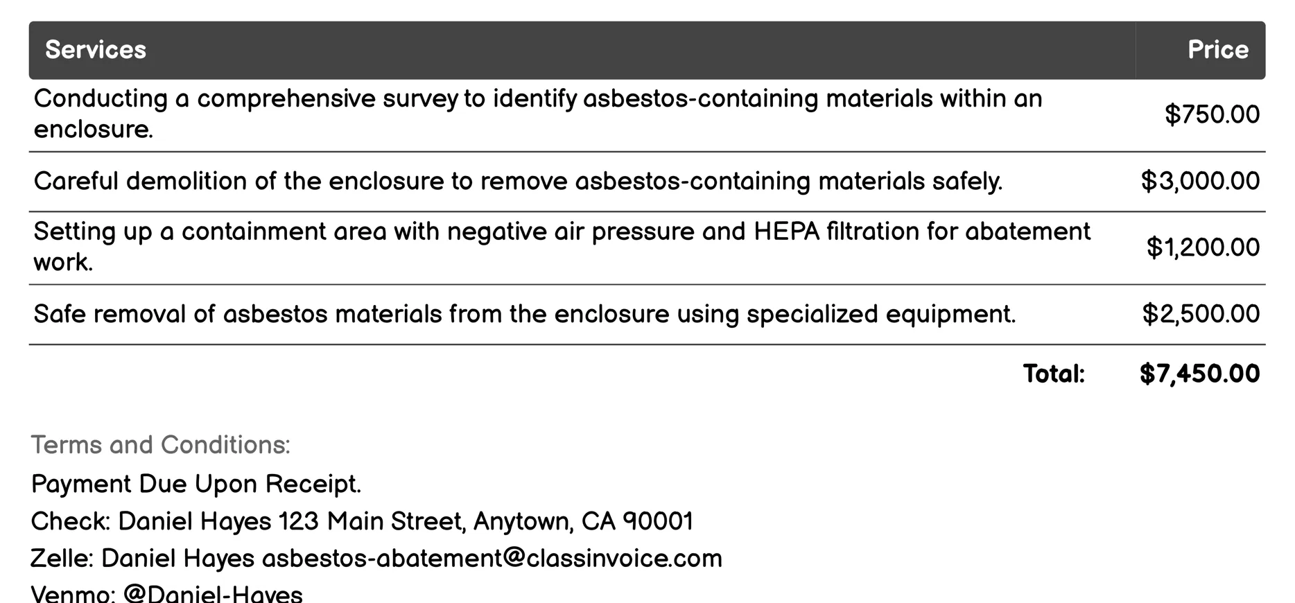 Enclosure Invoice Example