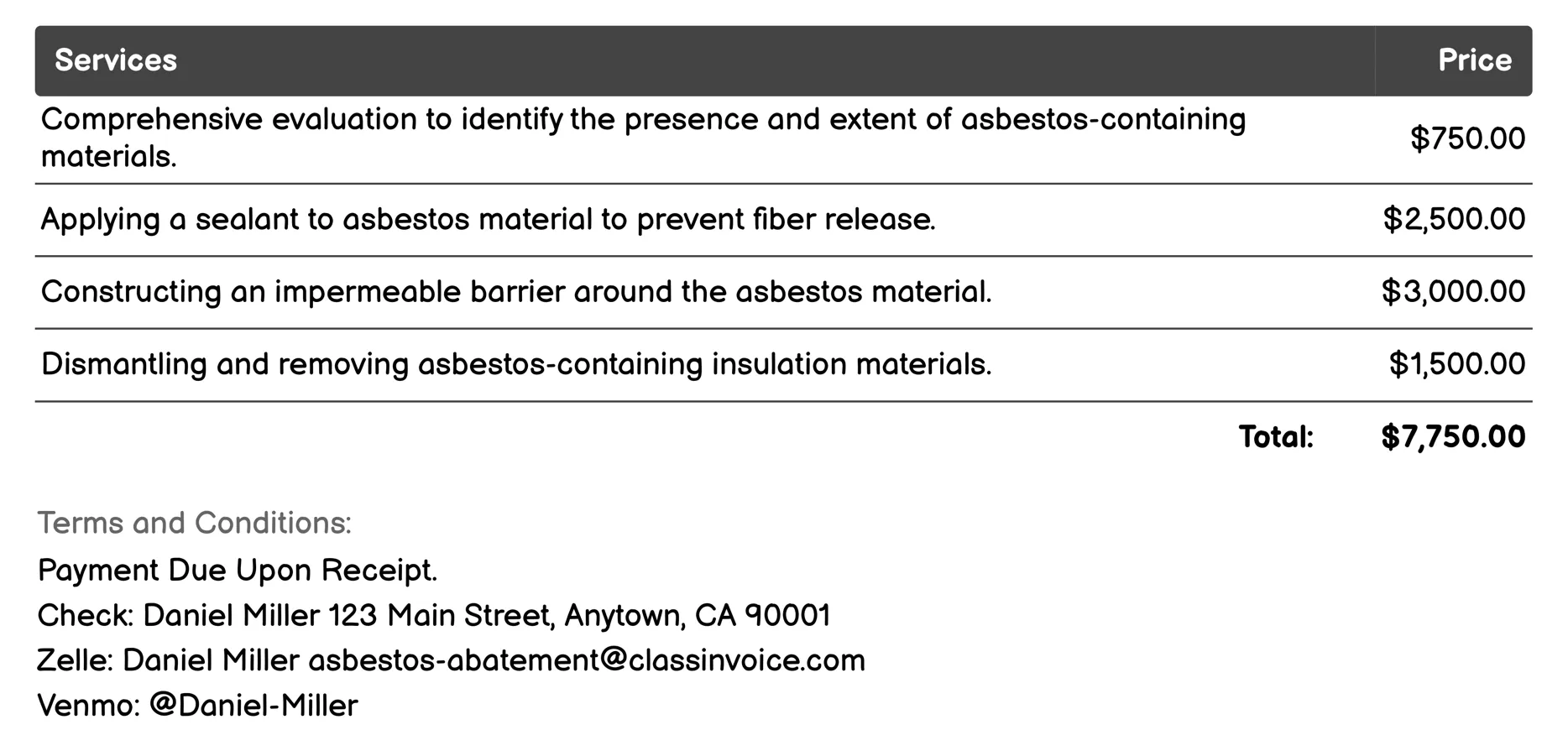 Removal and Disposal Invoice Example