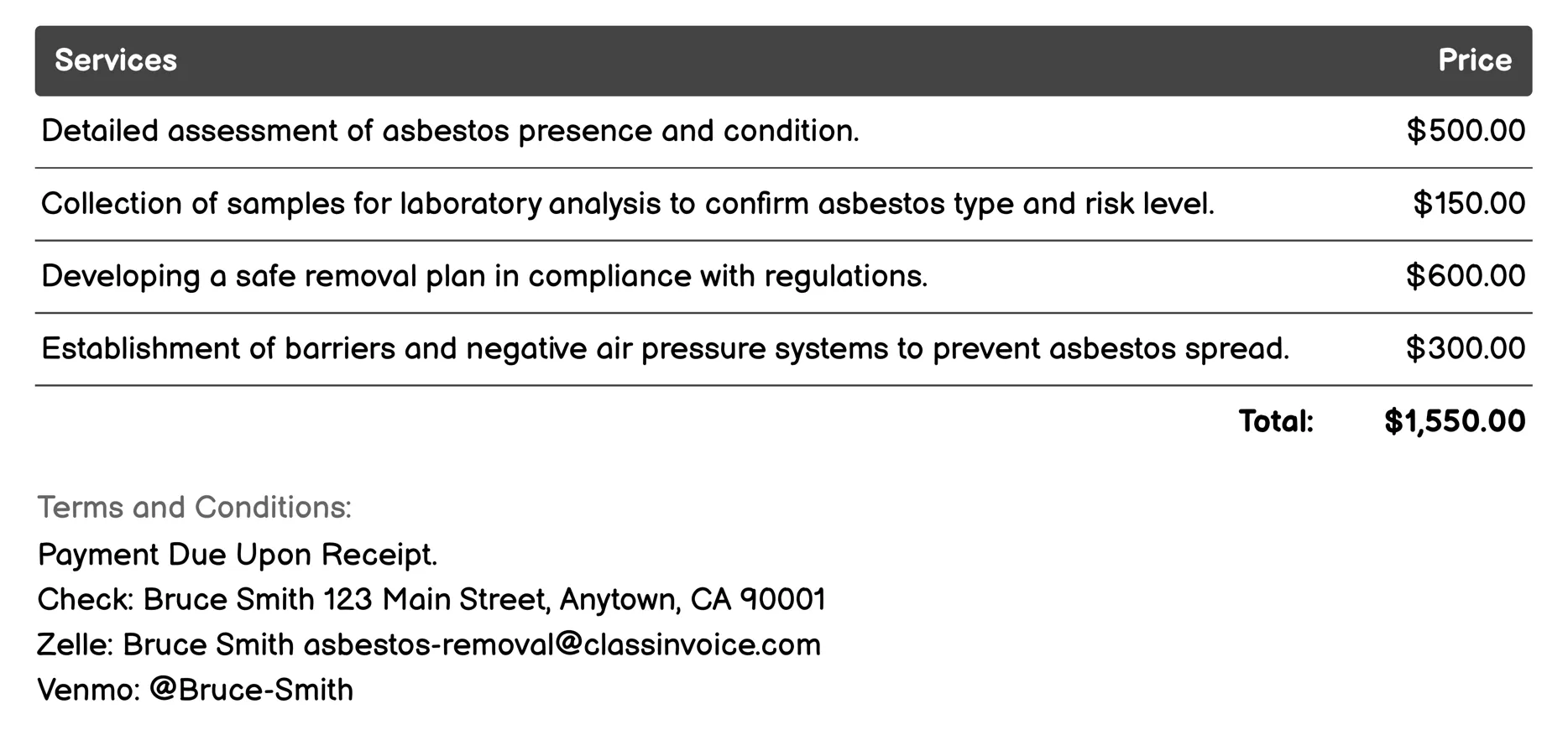 Asbestos Demolition and Clearance Invoice Example