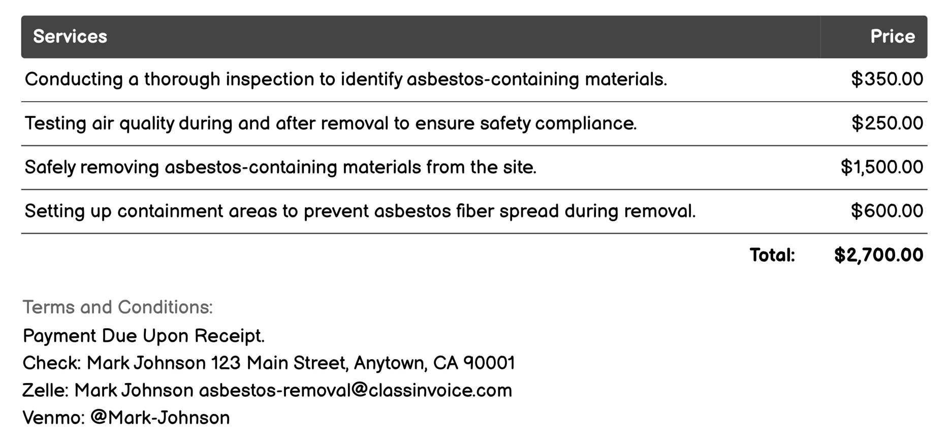 Waste Disposal and Removal Invoice Example