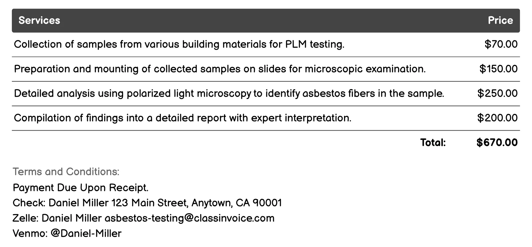 Polarized Light Microscopy (PLM) Invoice Example