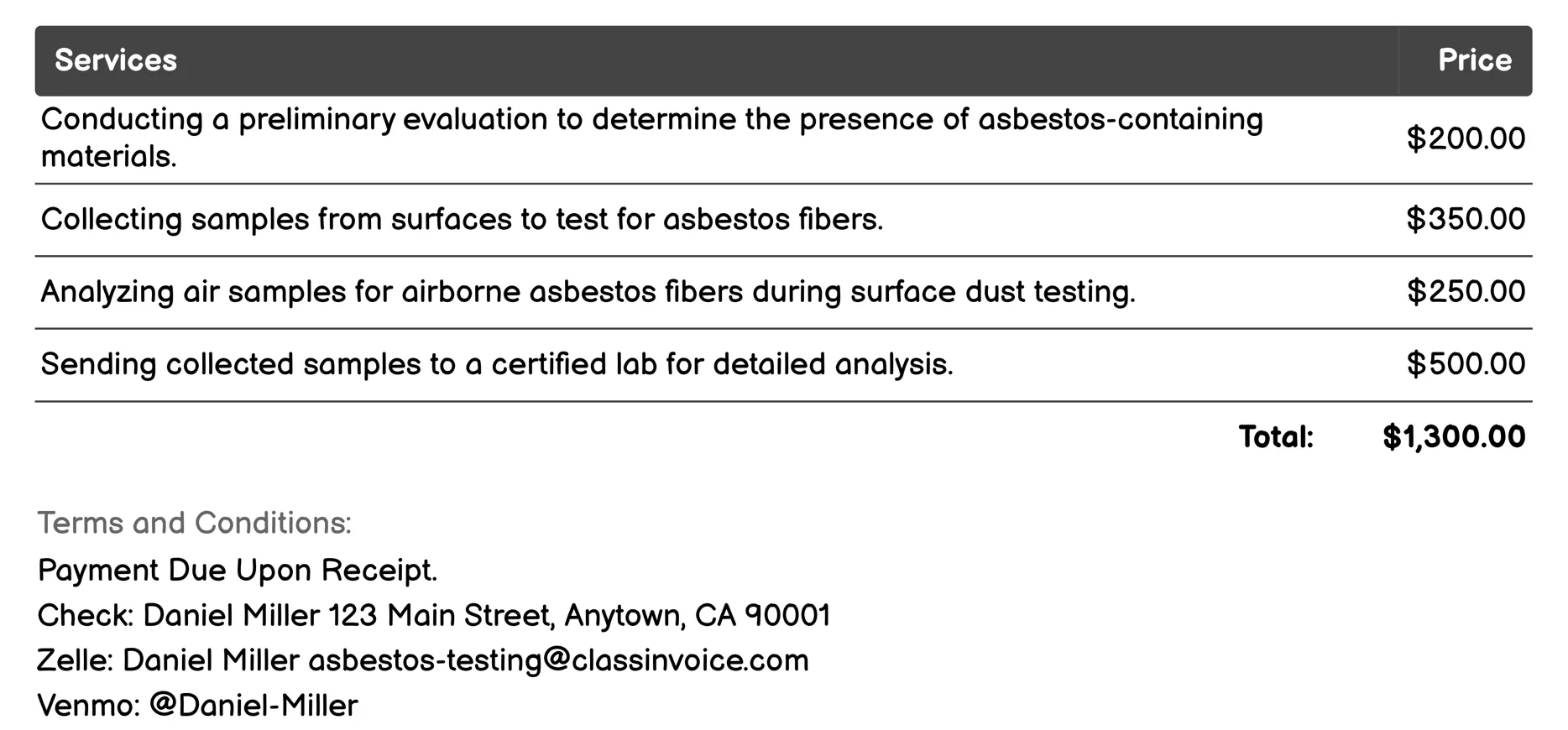 Surface Dust Testing Invoice Example