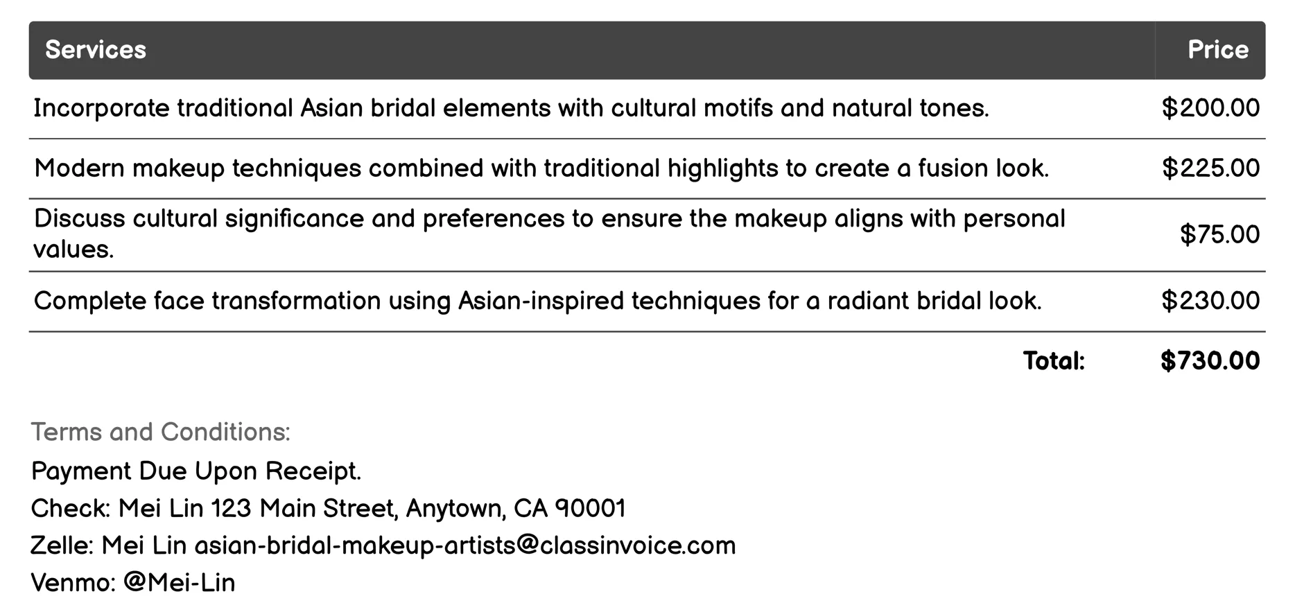 Cultural and Fashion Consideration Invoice Example