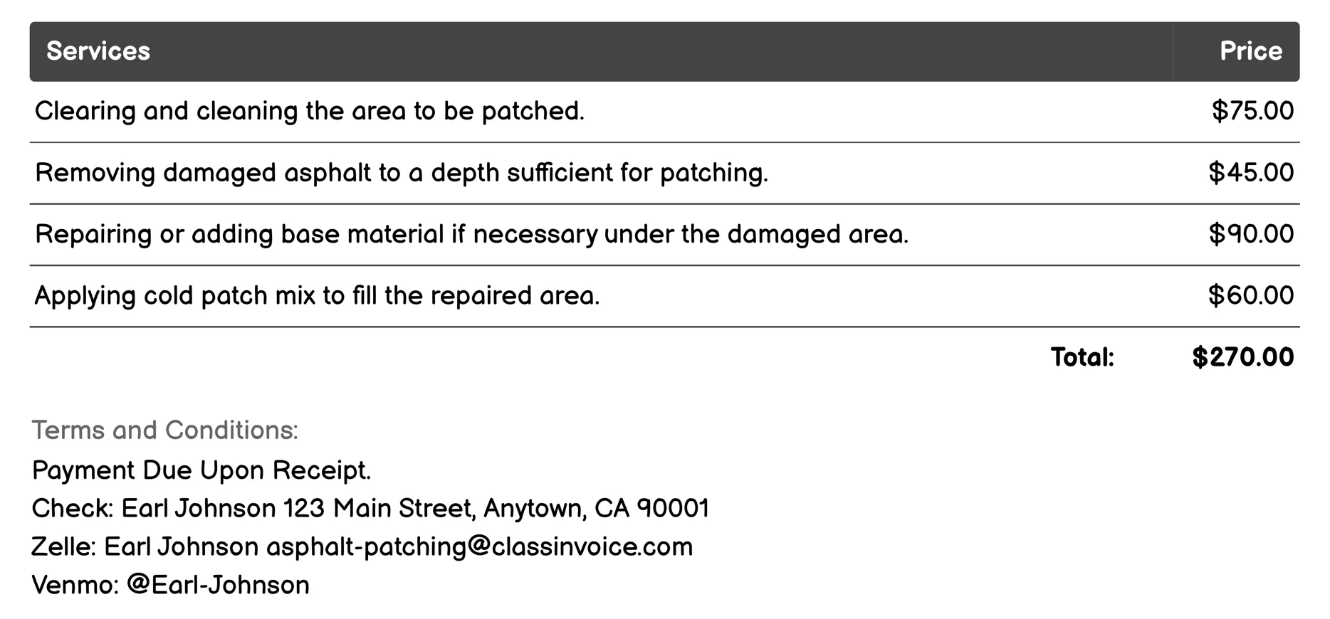 Cold Patch Invoice Example