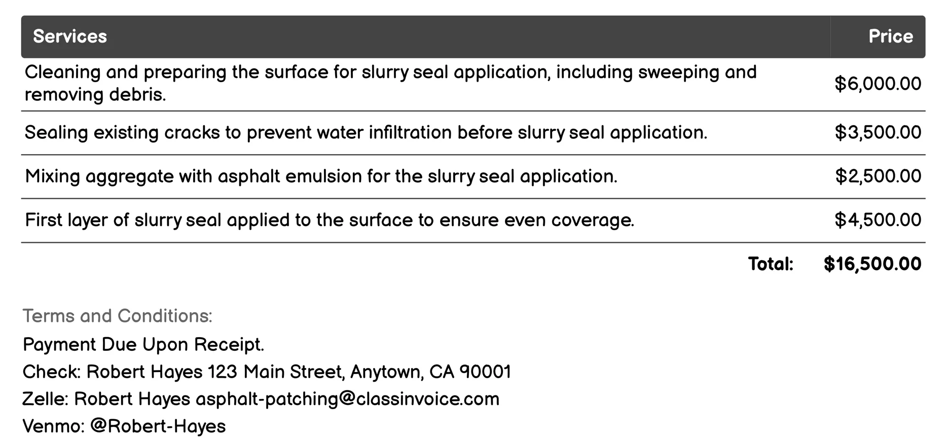 Slurry Seal Application Invoice Example