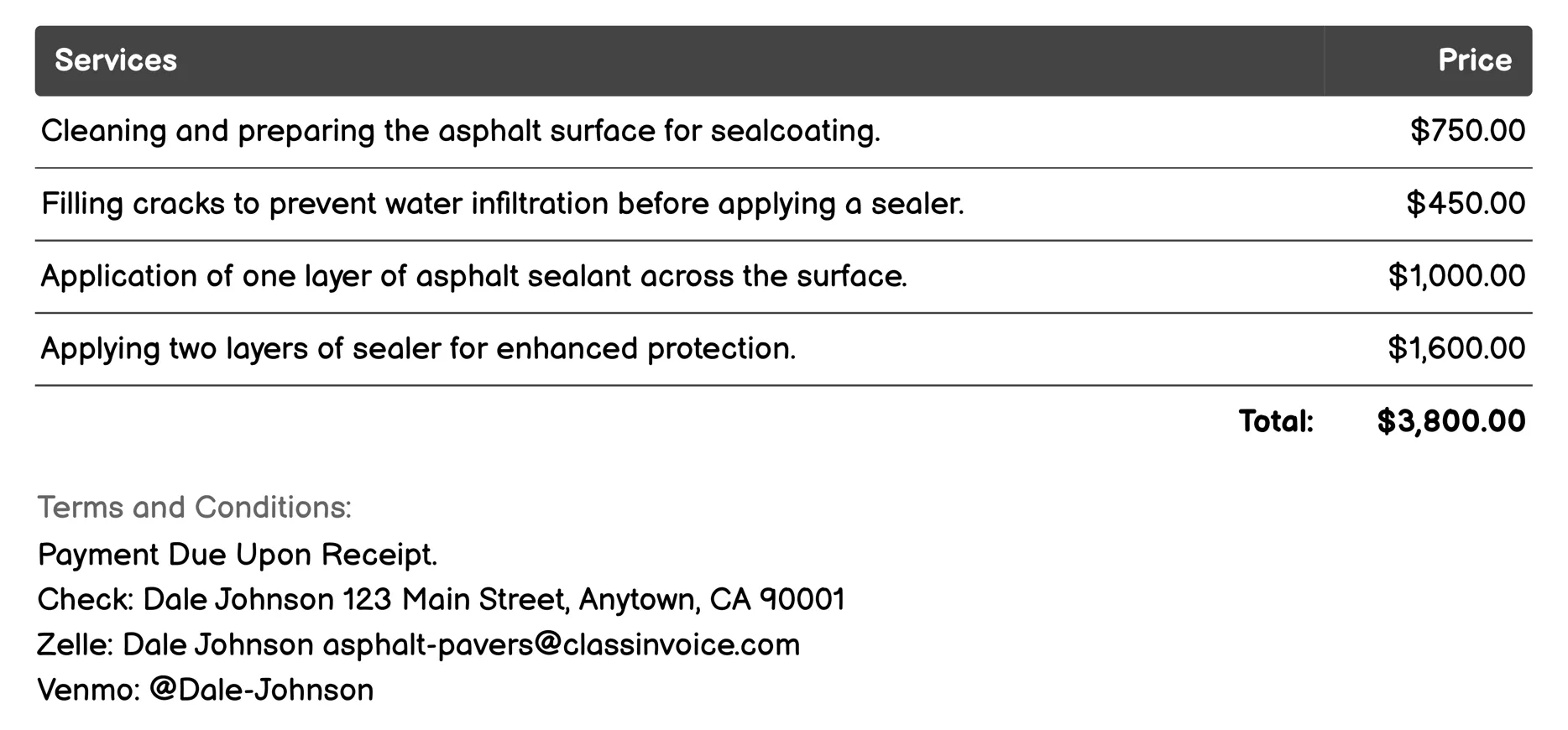 Sealcoating Invoice Example