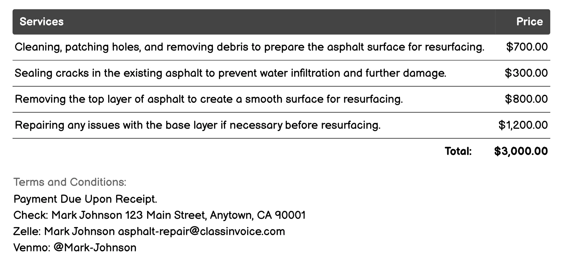 Asphalt Resurfacing Invoice Example