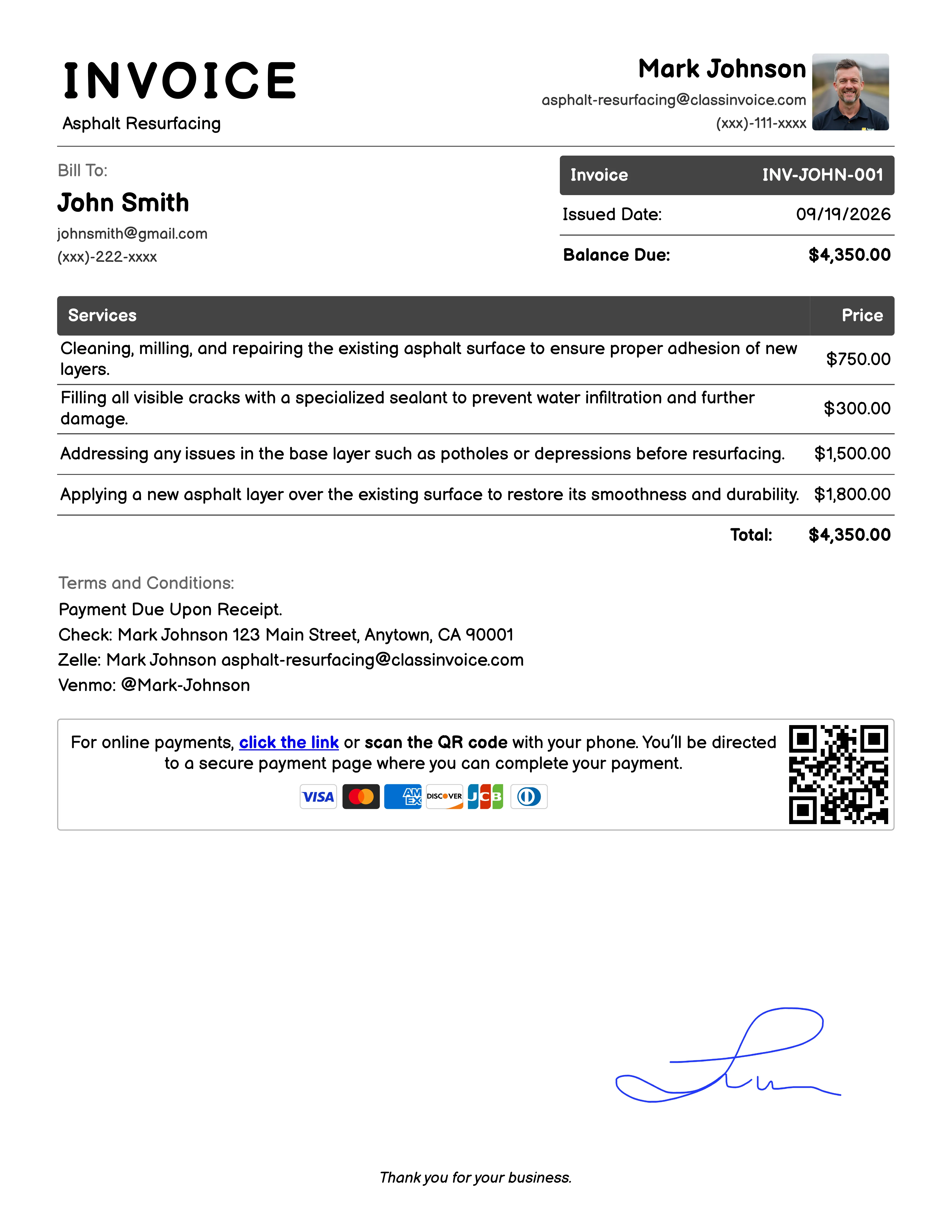 Asphalt Resurfacing Invoice Example