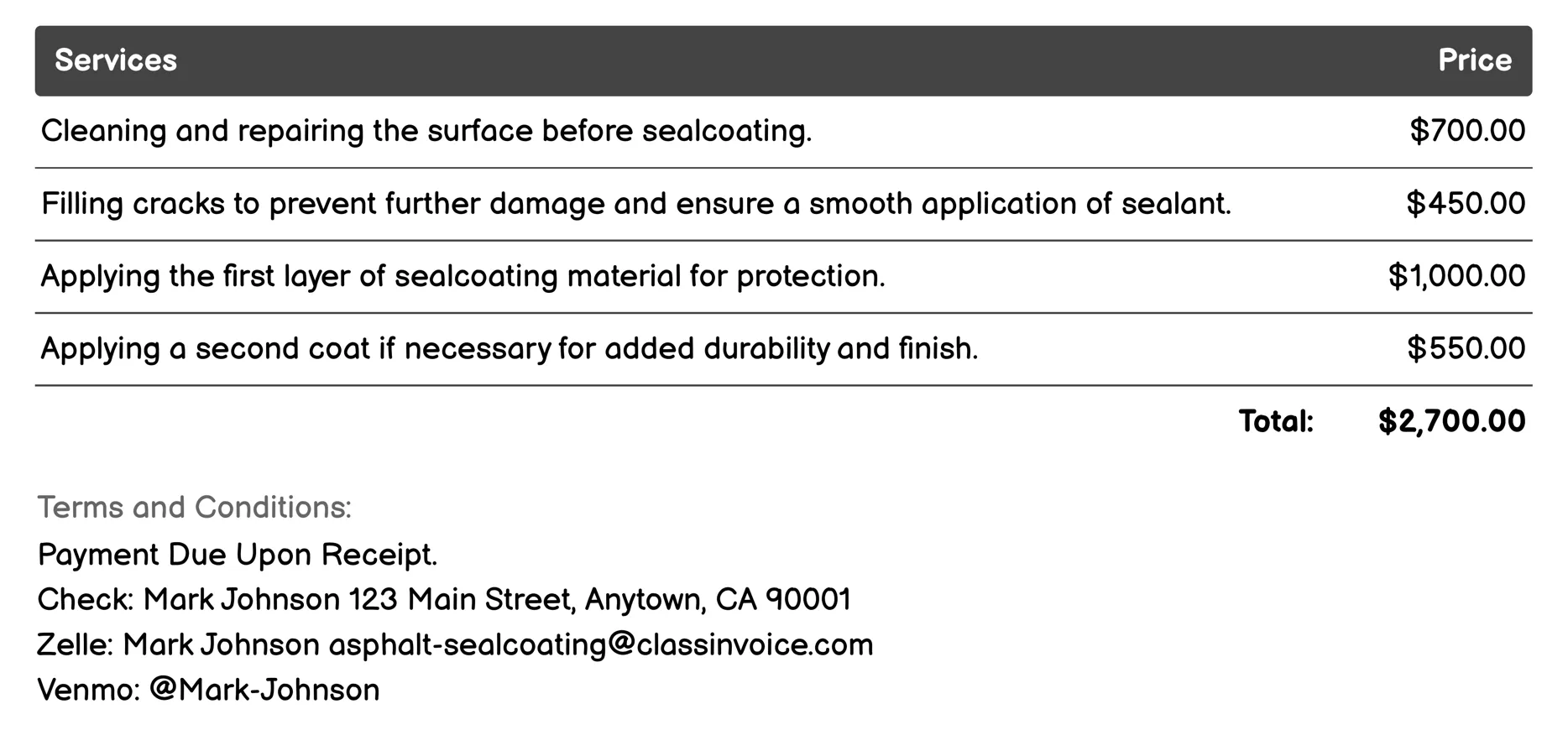 Asphalt Repair Invoice Example