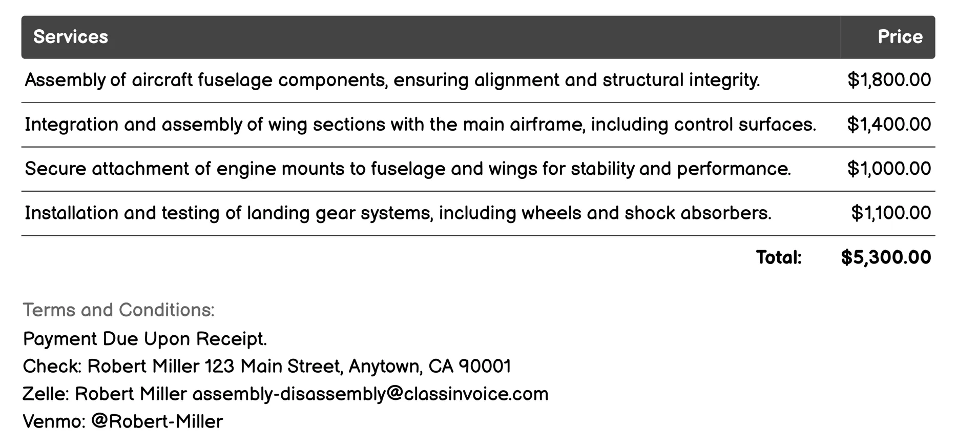 Aerospace Assembly Invoice Example
