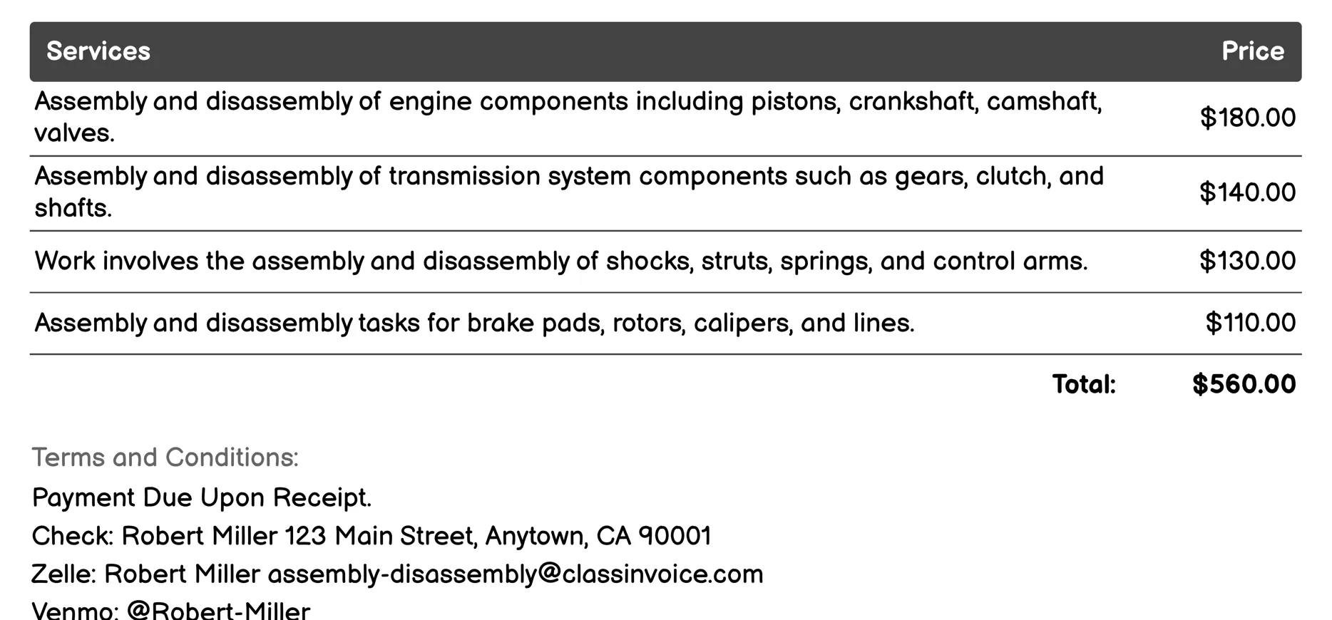 Automotive Assembly Invoice Example