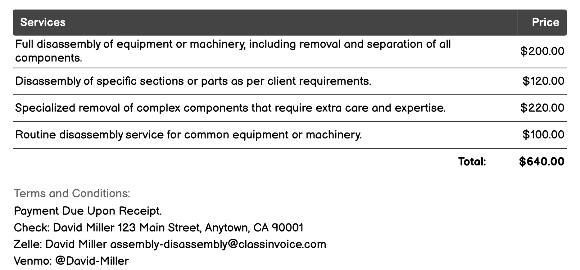 Disassembly Services Invoice Example