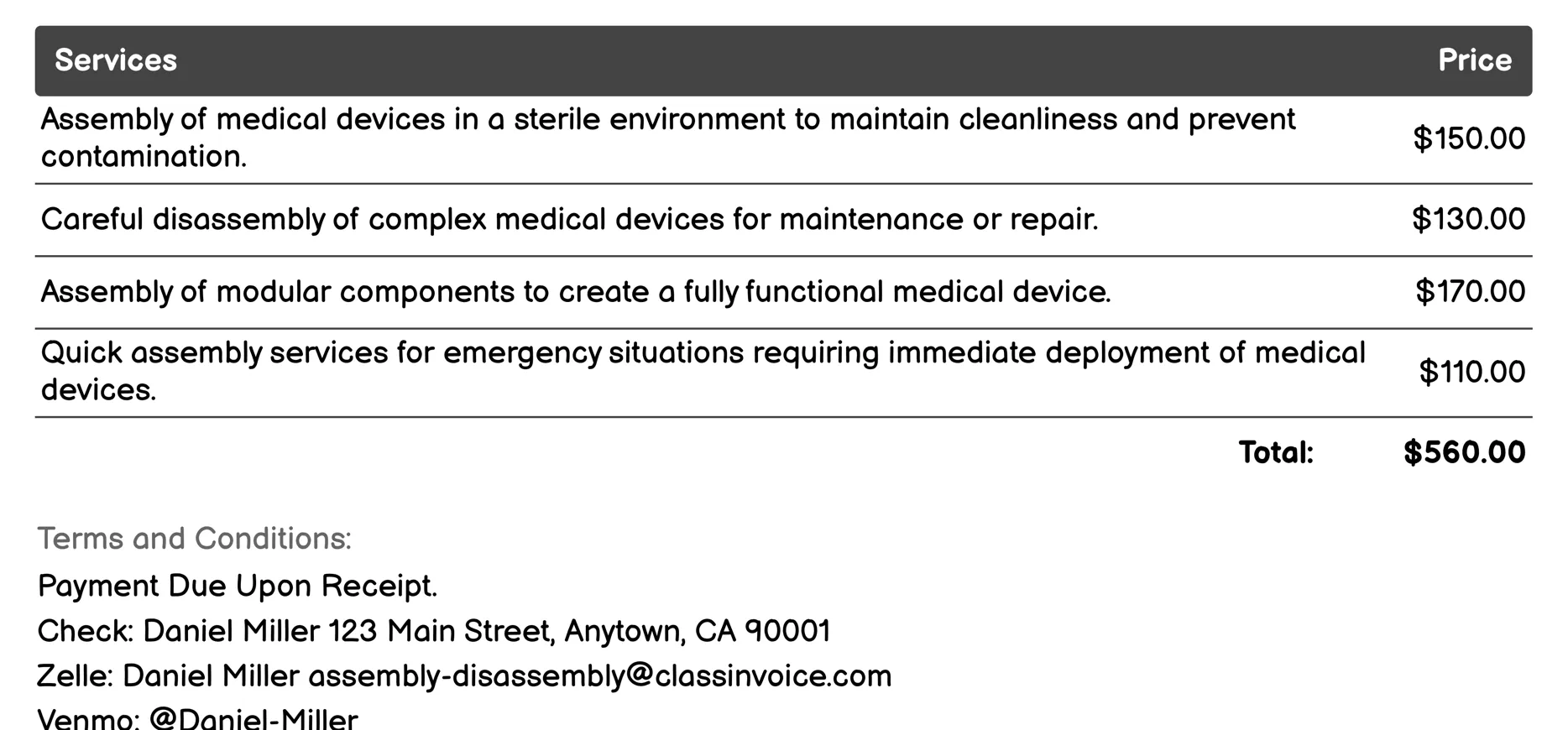 Medical Device Assembly Invoice Example