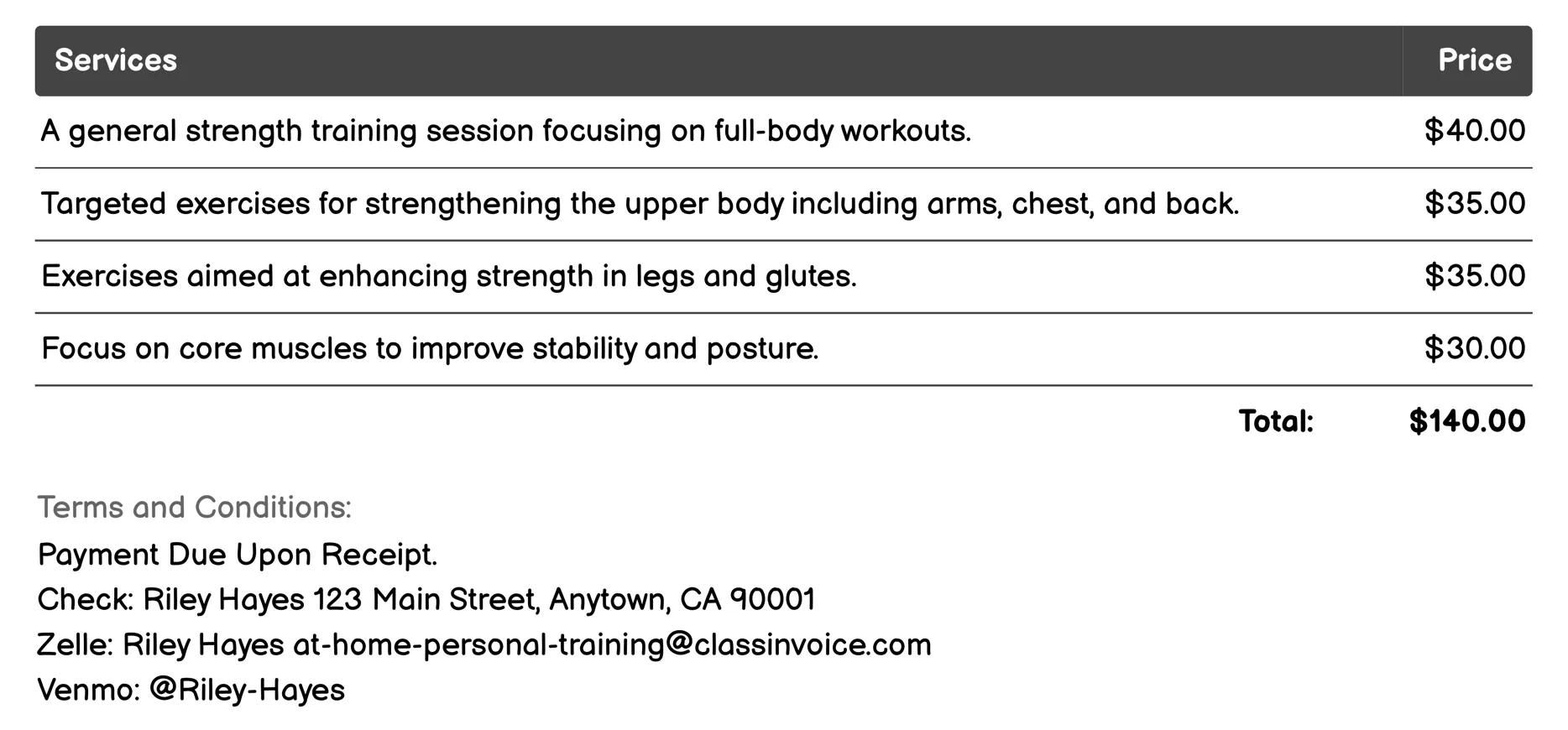 Strength Training Invoice Example