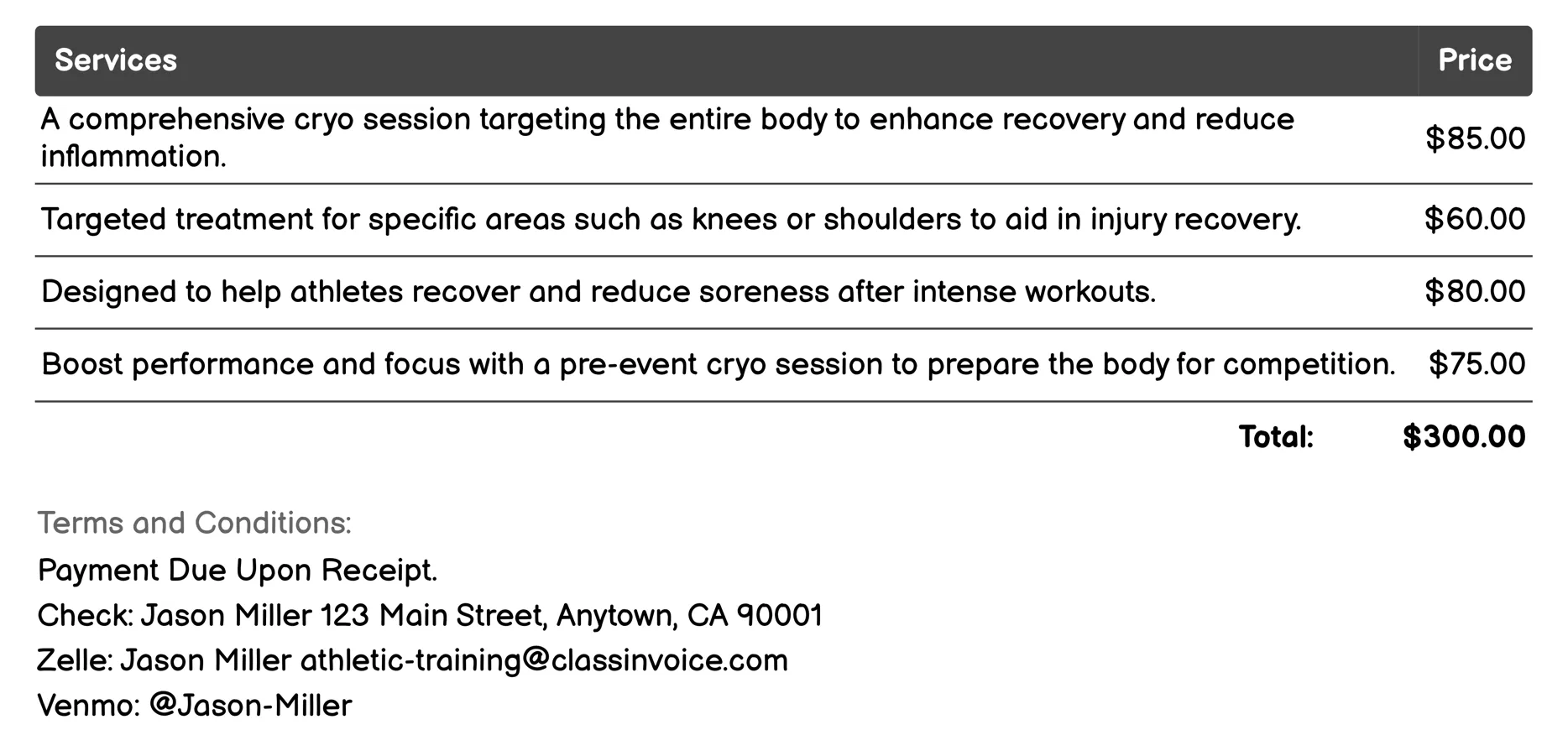 Cryotherapy Treatment Invoice Example