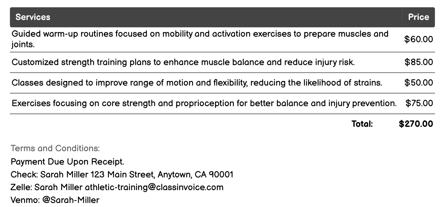 Injury Prevention Invoice Example