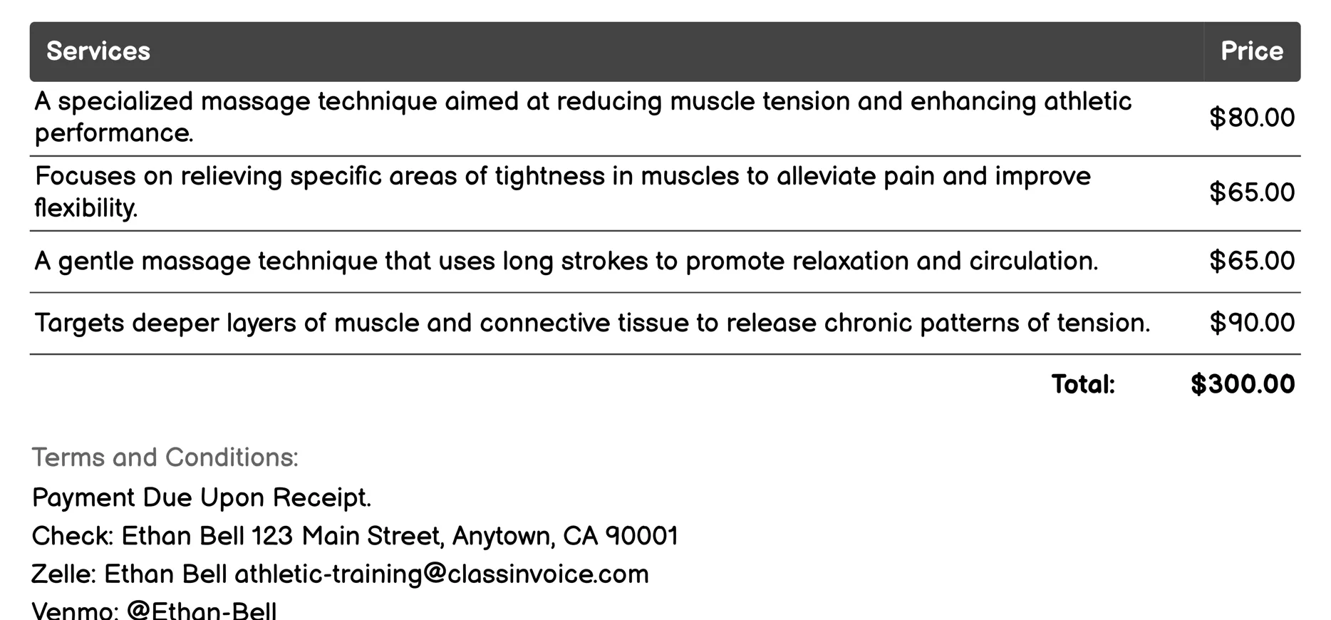 Massage Therapy Invoice Example
