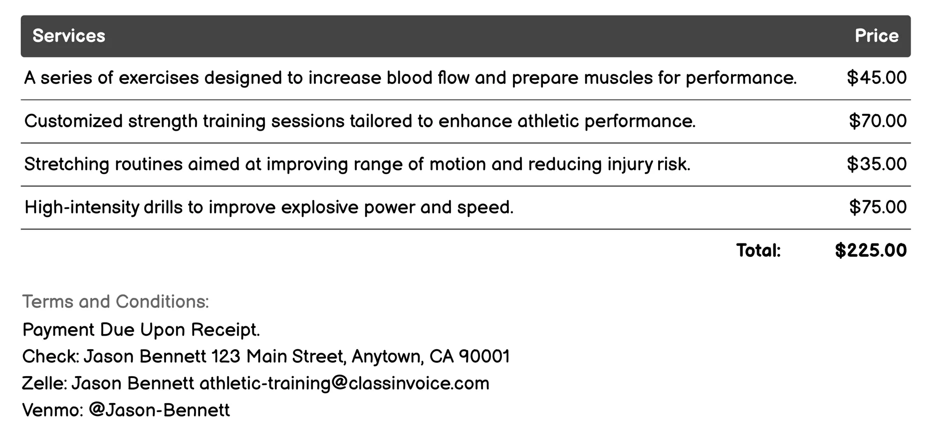 Performance Enhancement Invoice Example
