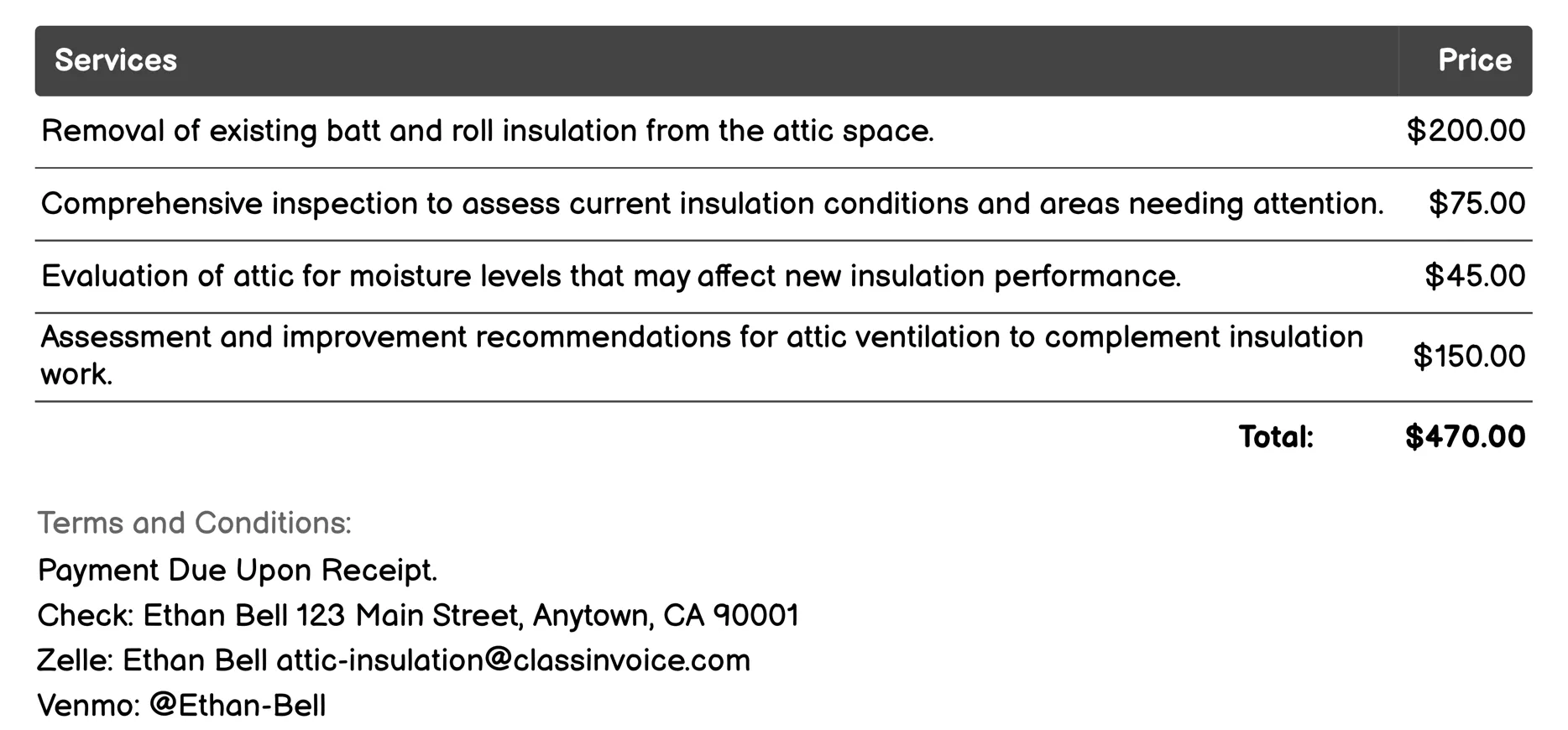 Batt and Roll Insulation Invoice Example
