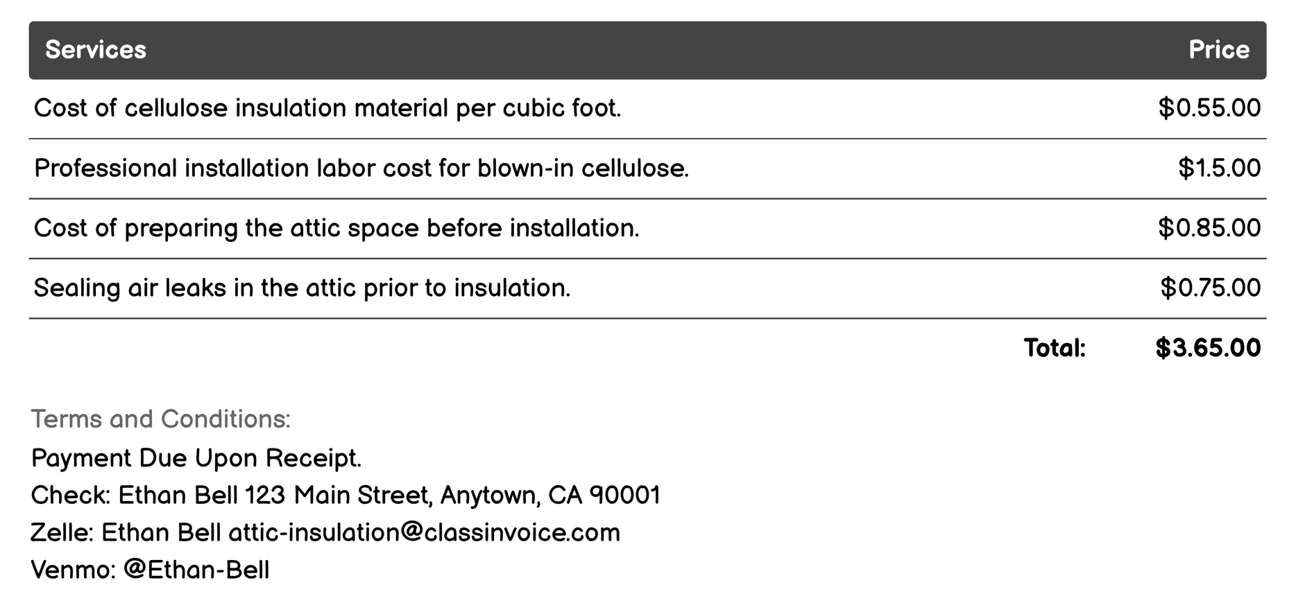Blown-in Cellulose Invoice Example