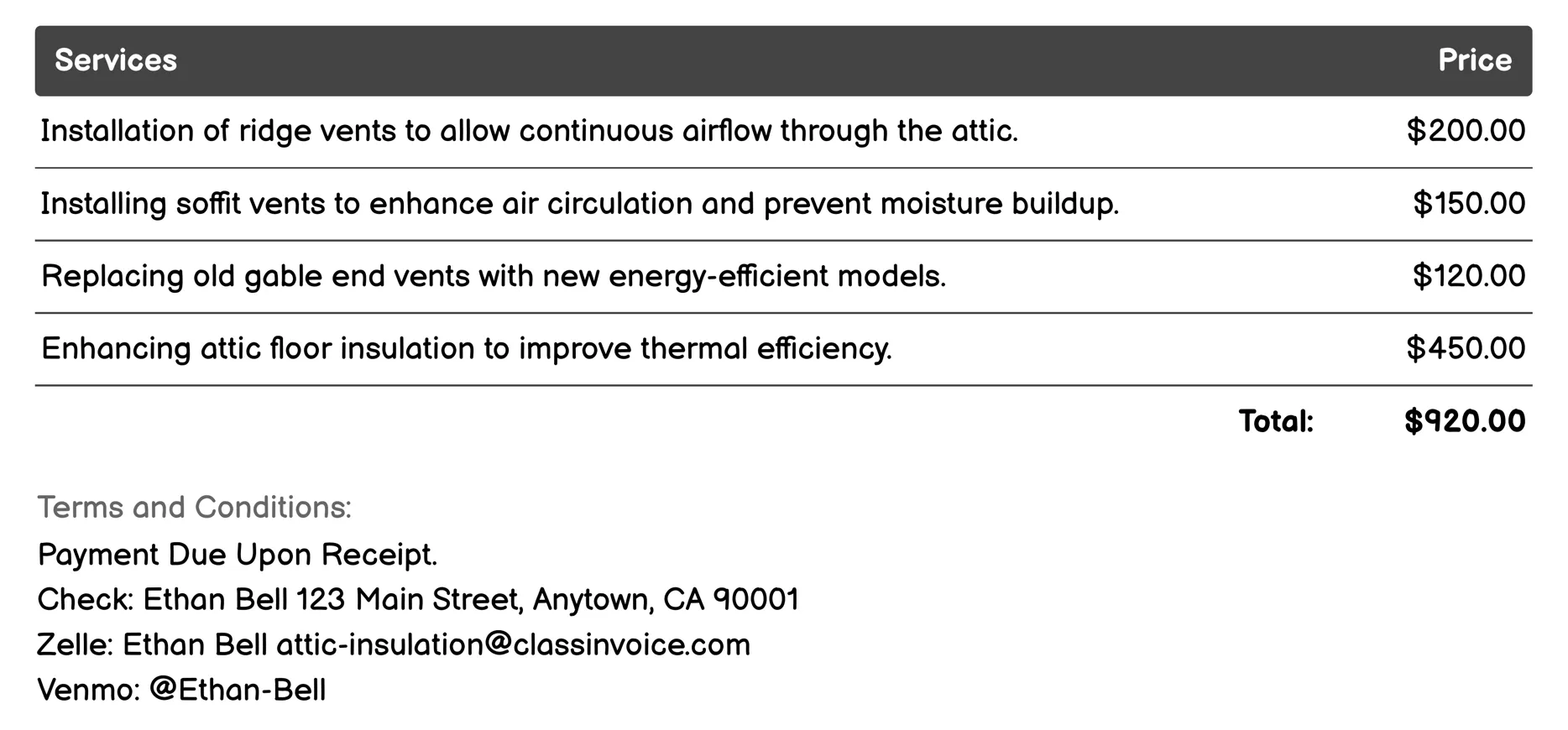 Ventilation Improvement Invoice Example