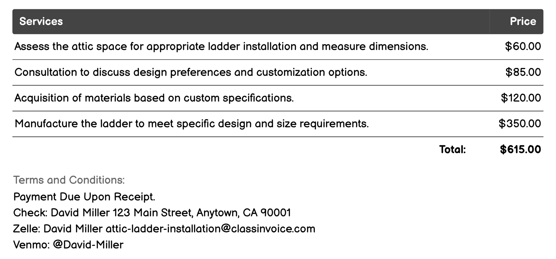 Custom Attic Ladder Installation Invoice Example