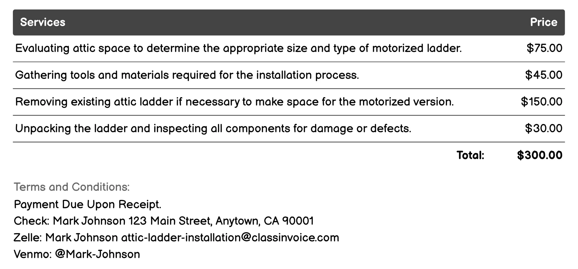 Motorized Attic Ladder Installation Invoice Example