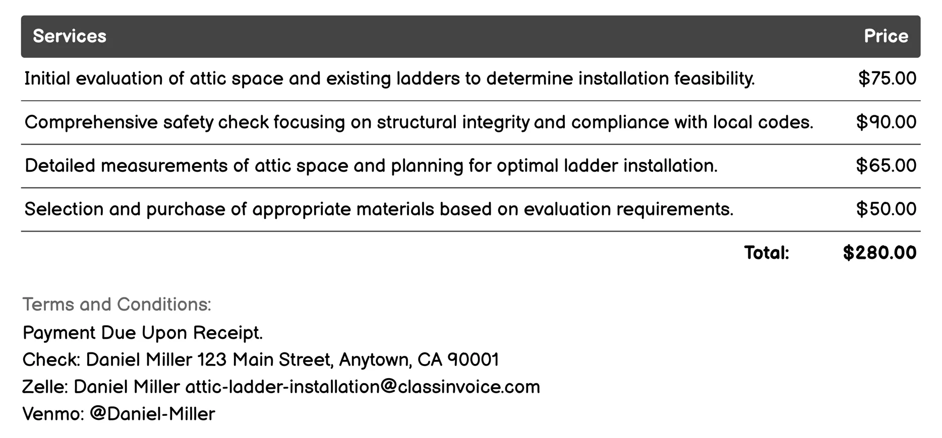 Professional Attic Safety Evaluation Invoice Example
