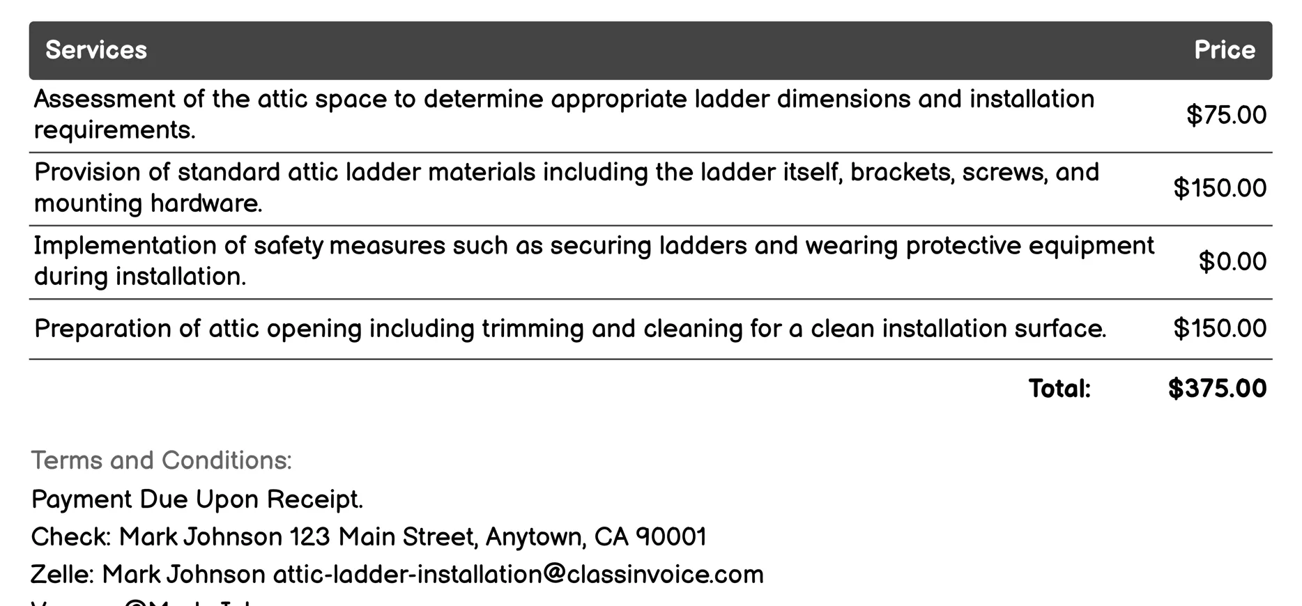 Standard Attic Ladder Installation Invoice Example