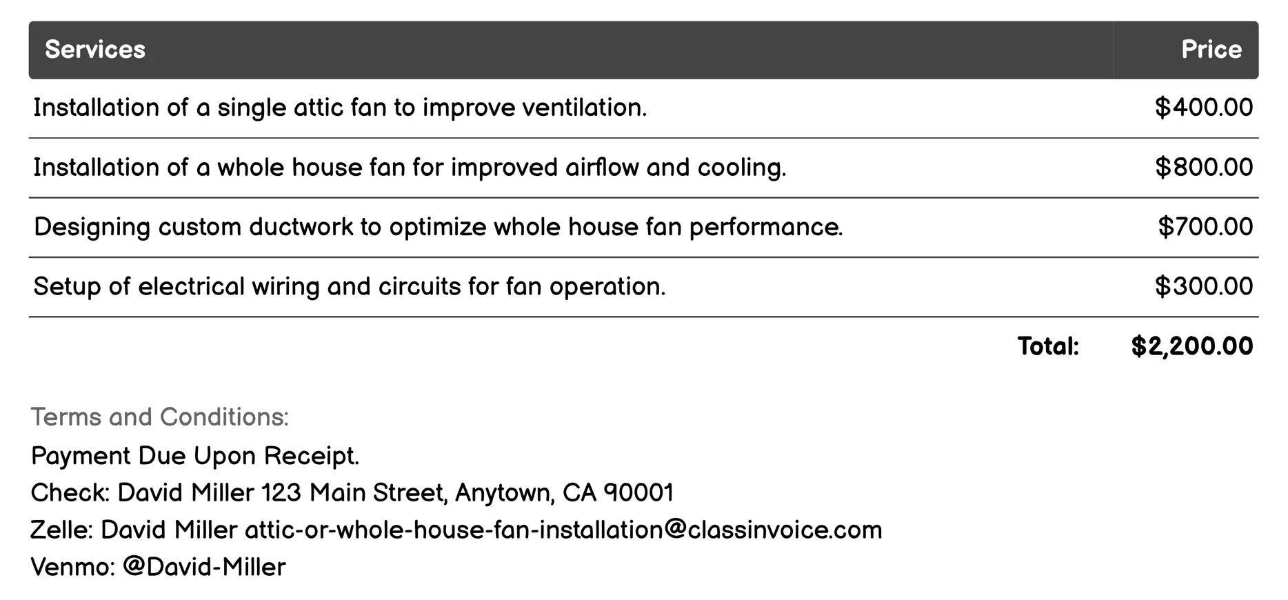 Custom Whole House Cooling Solutions Invoice Example