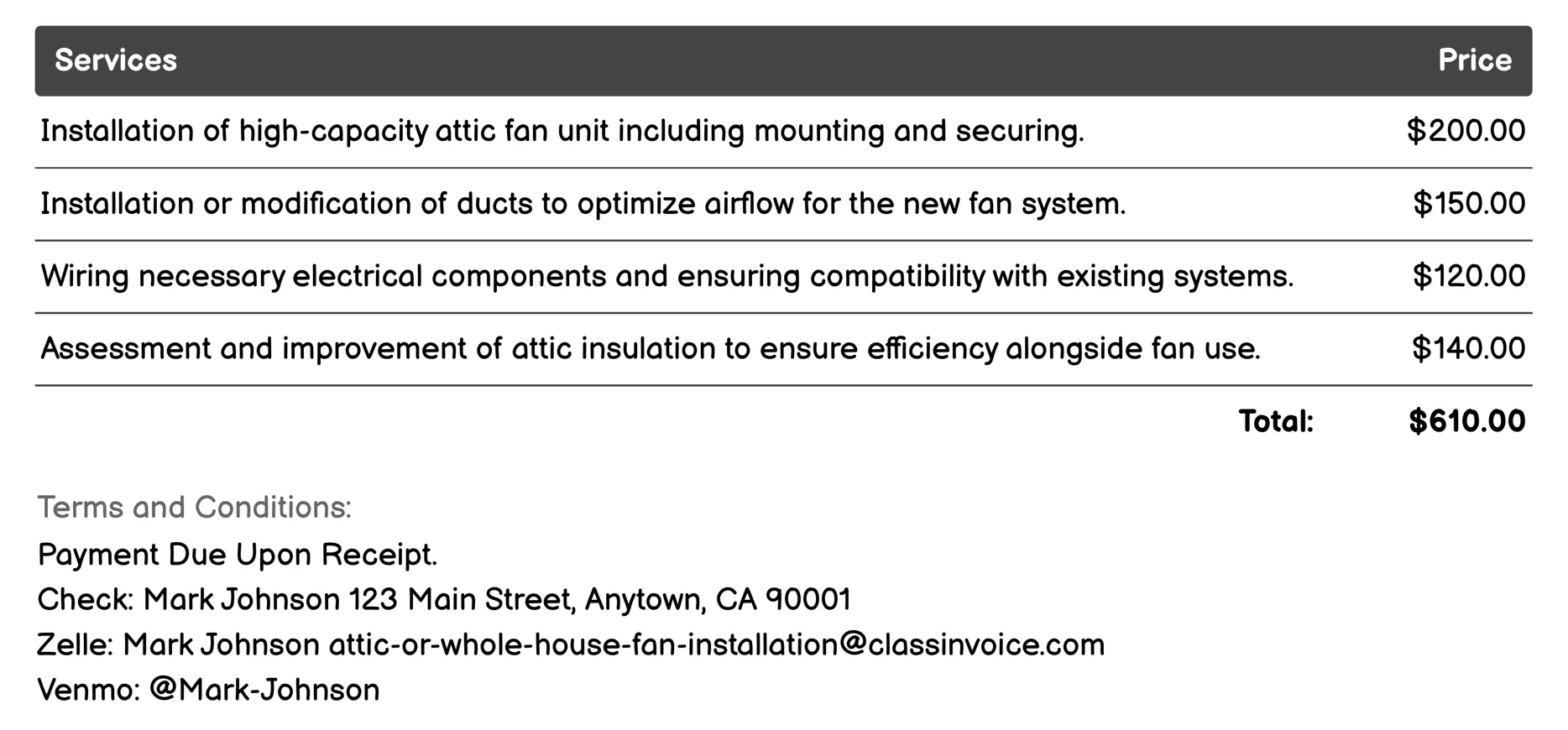 High-Capacity Attic Fan Installation Invoice Example