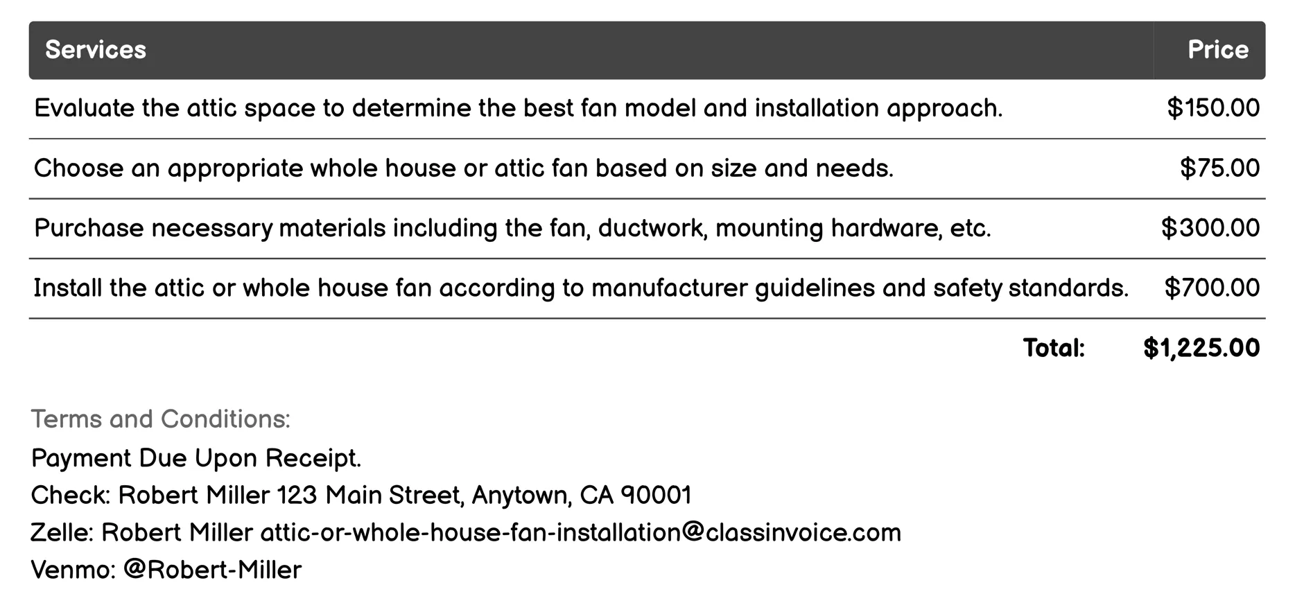 Residential Attic Fan Installation Invoice Example