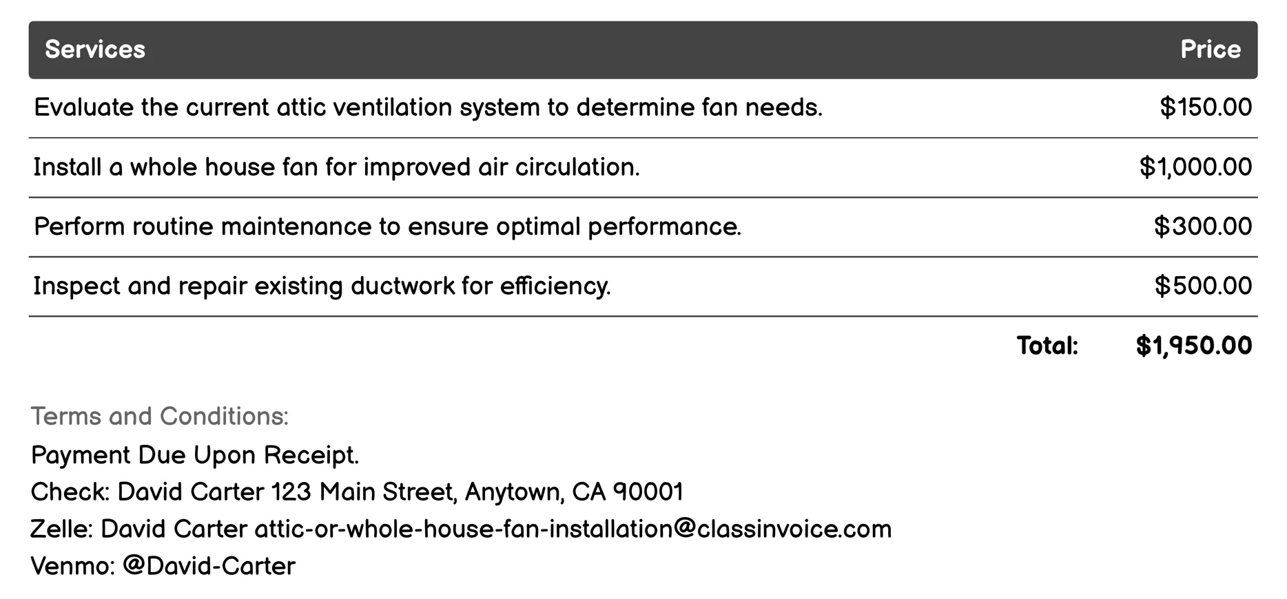 Seasonal Attic Fan Maintenance and Installation Invoice Example