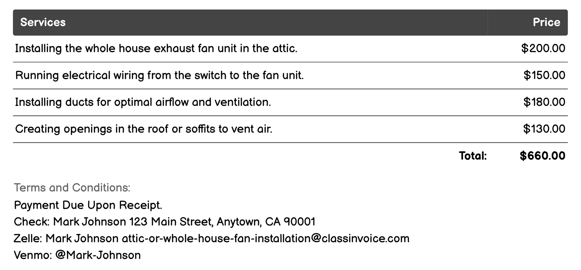Whole House Exhaust Fan System Installation Invoice Example