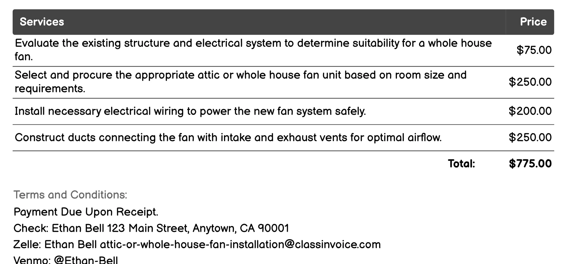 Whole House Ventilation System Installation Invoice Example