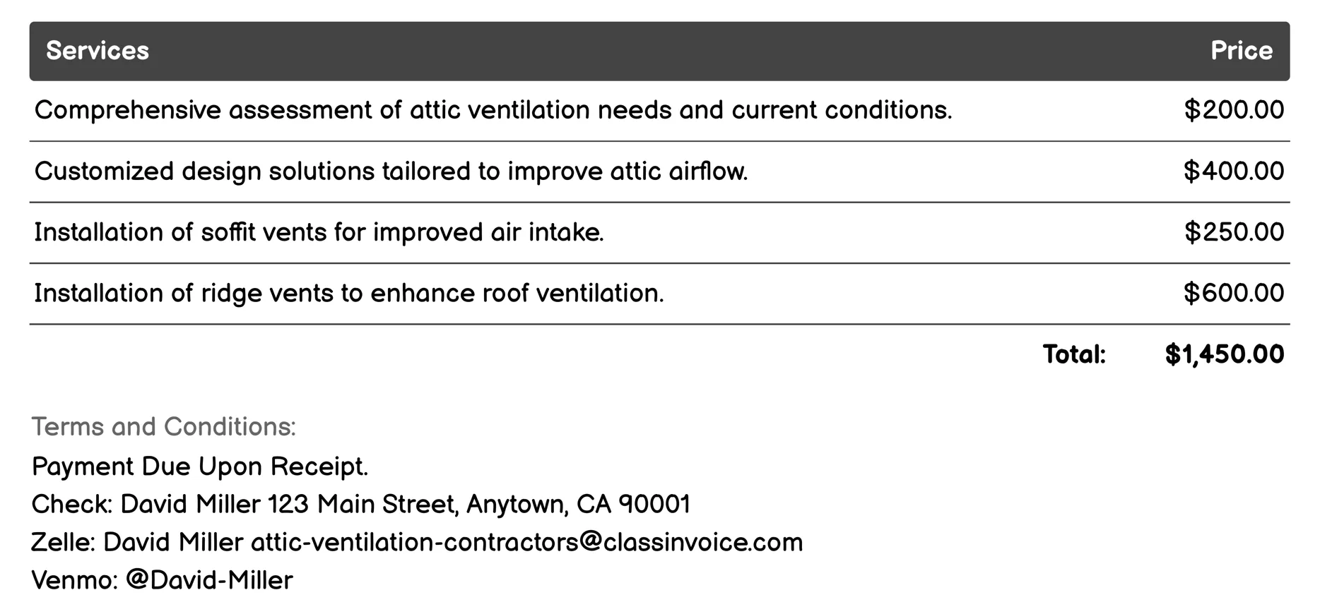 Custom Ventilation Solutions Invoice Example