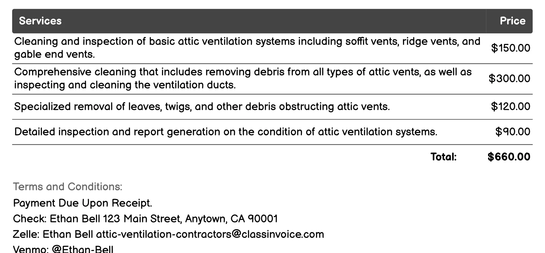 Ventilation System Cleaning Invoice Example