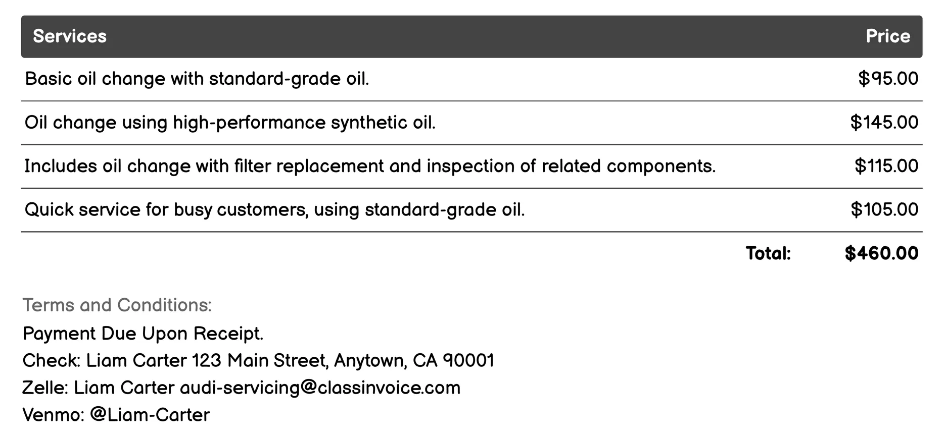 Oil Change Invoice Example