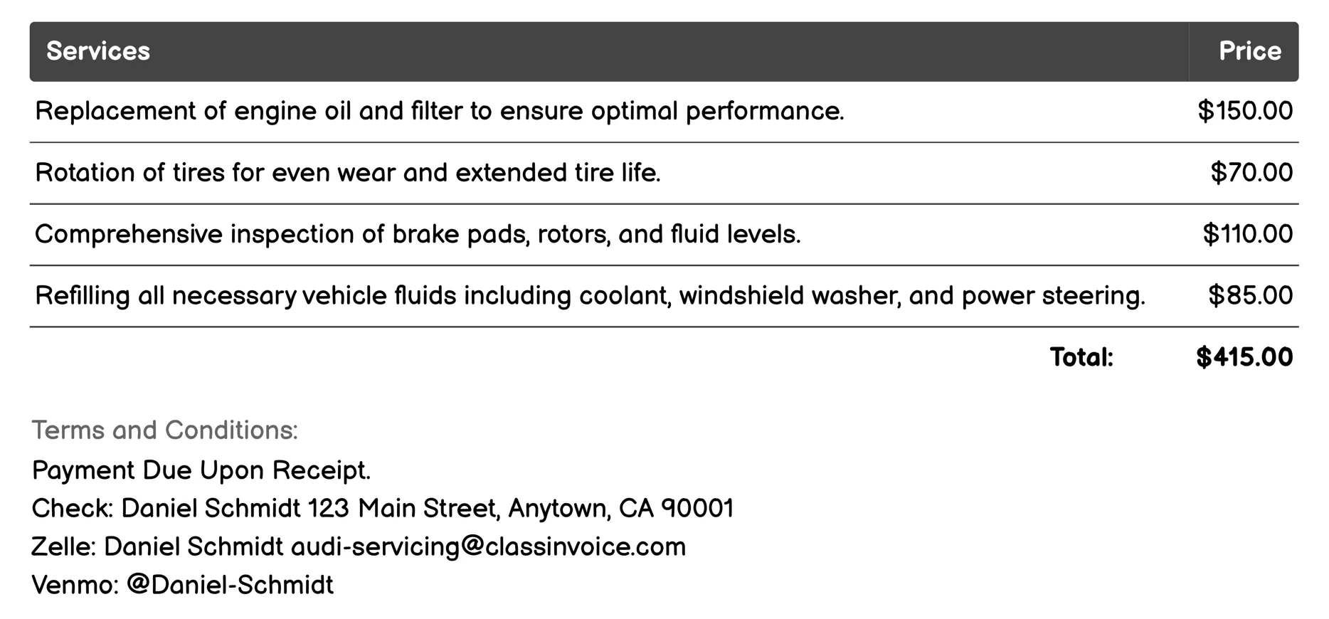 Scheduled Maintenance Invoice Example