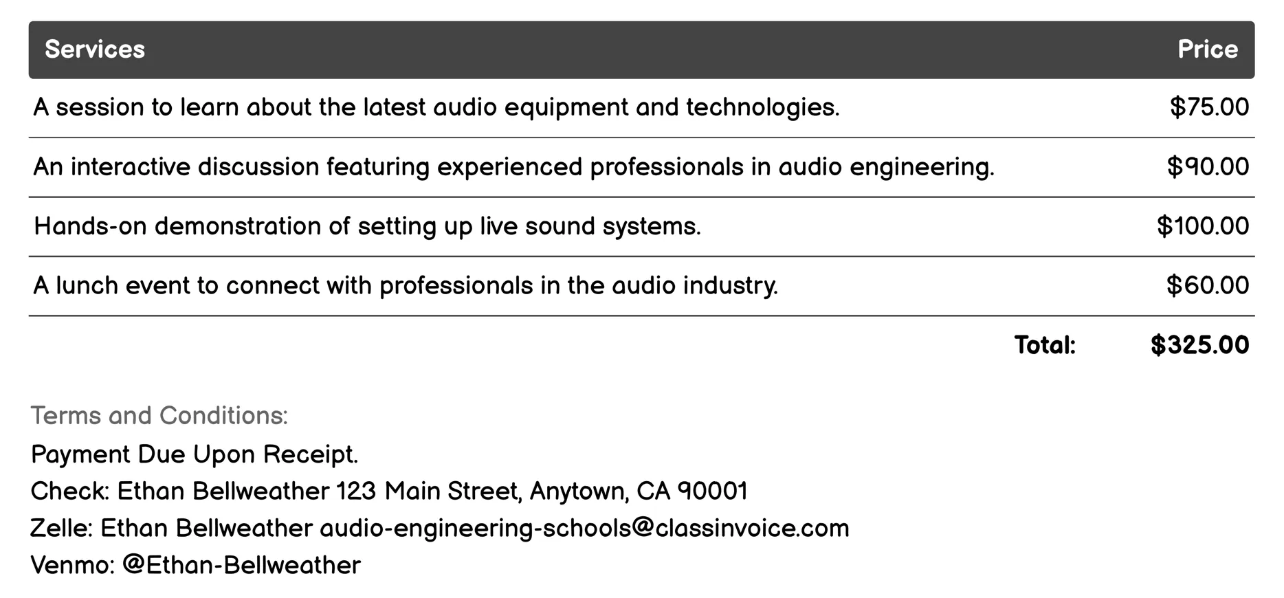 Networking Events Invoice Example
